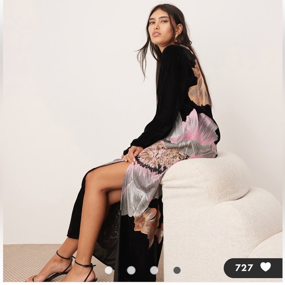 ASOS velvet embroidered floral maxi dress Long sleeve black embroidery NEW NWT - Picture 5 of 12